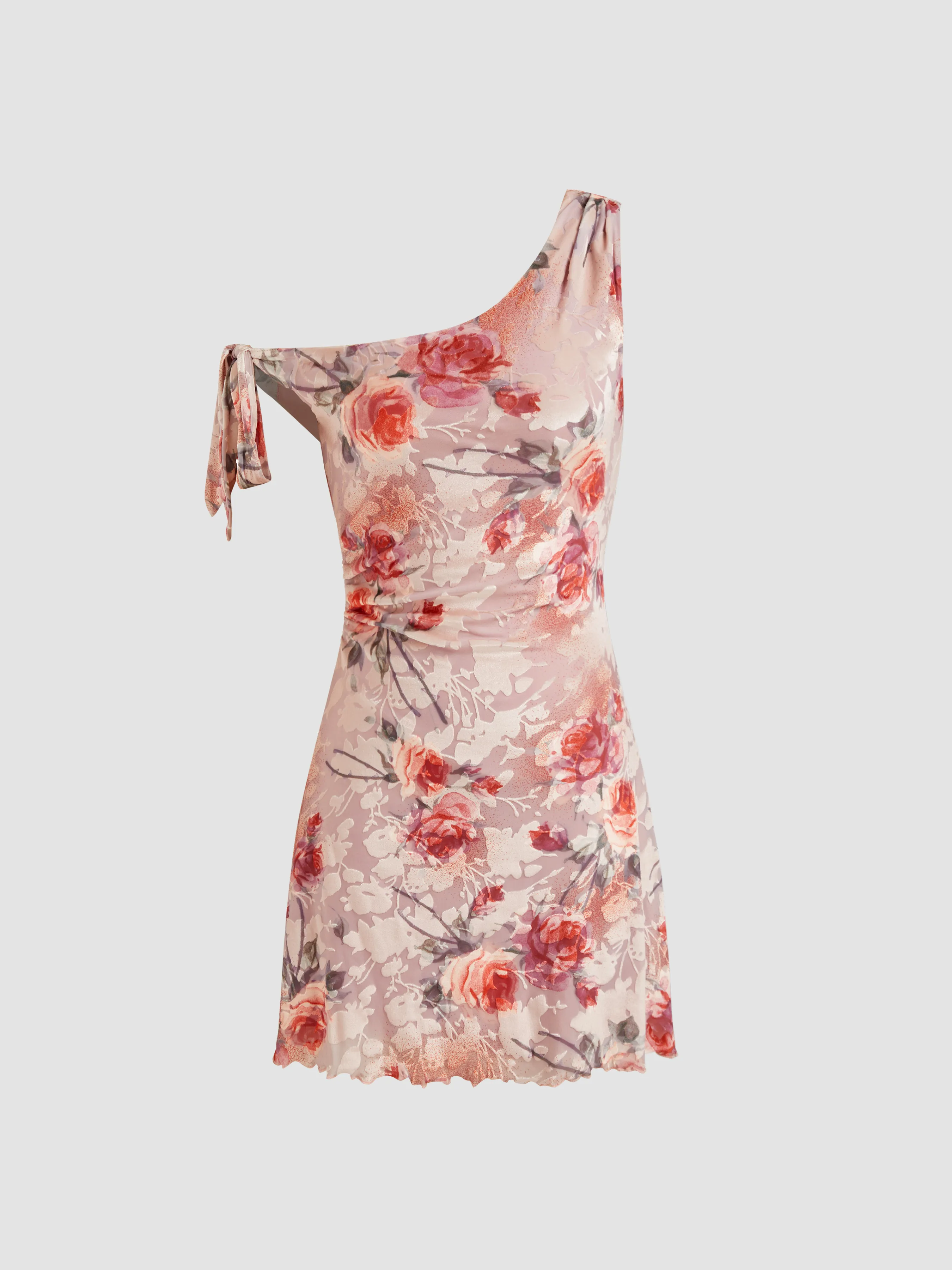 Mesh Asymmetrical Neck Floral Ruched Knotted Mini Dress sold by Cider