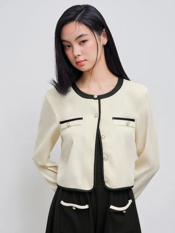 Round Neckline Solid Faux Pearl Button Contrasting Binding Crop Jacket sold by Cider
