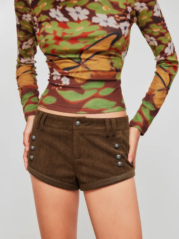 Corduroy Low Rise Solid Button Roll Hem Micro Shorts sold by Cider