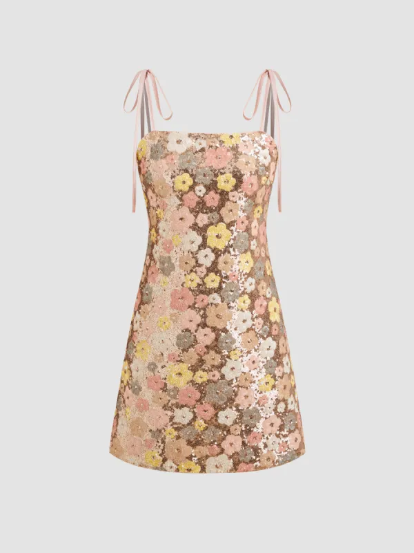 Sequin Square Neck Floral Knotted Mini Dress sold by Cider