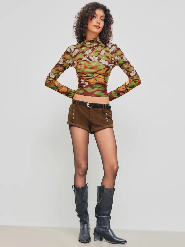 High Neck Floral Butterfly Graphic Long Sleeve Top sold by Cider