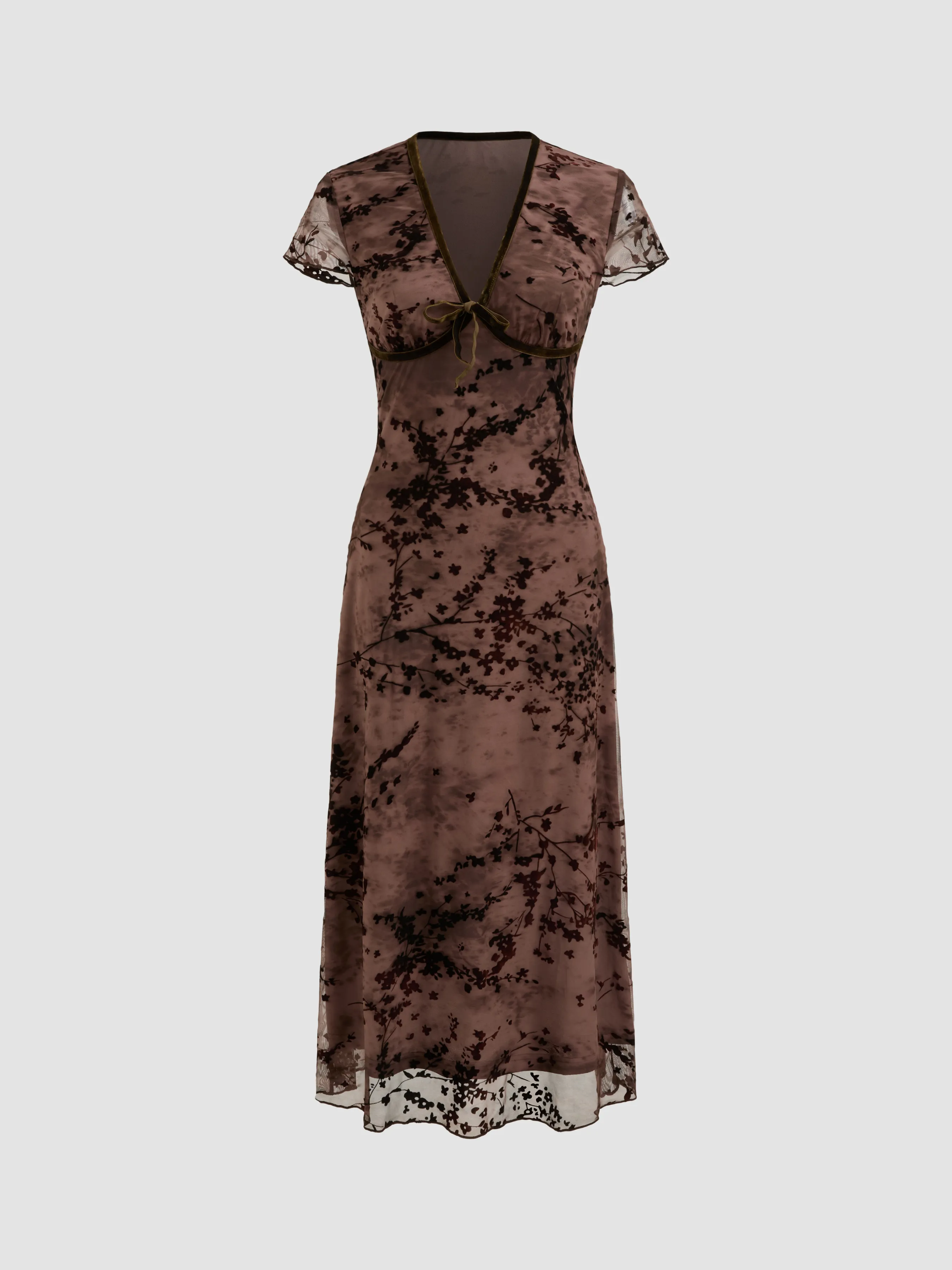 Mesh V-neck Floral Ruffle Knotted Midi Dress sold by Cider