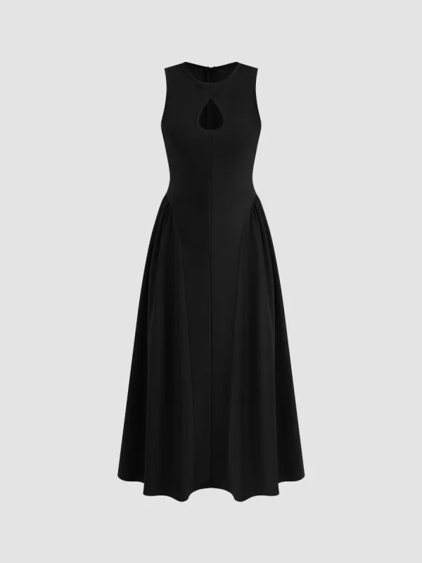 Round Neckline Solid Cut Out Pleated Midi Dress made by Cider
