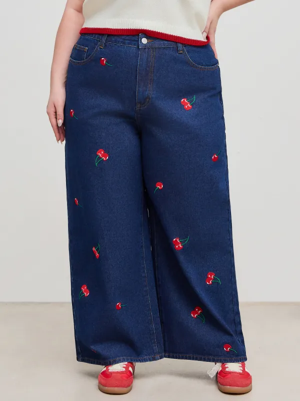 Denim Mid Rise Cherry Embroidery Pocket Wide Leg Jean Curve & Plus sold by Cider