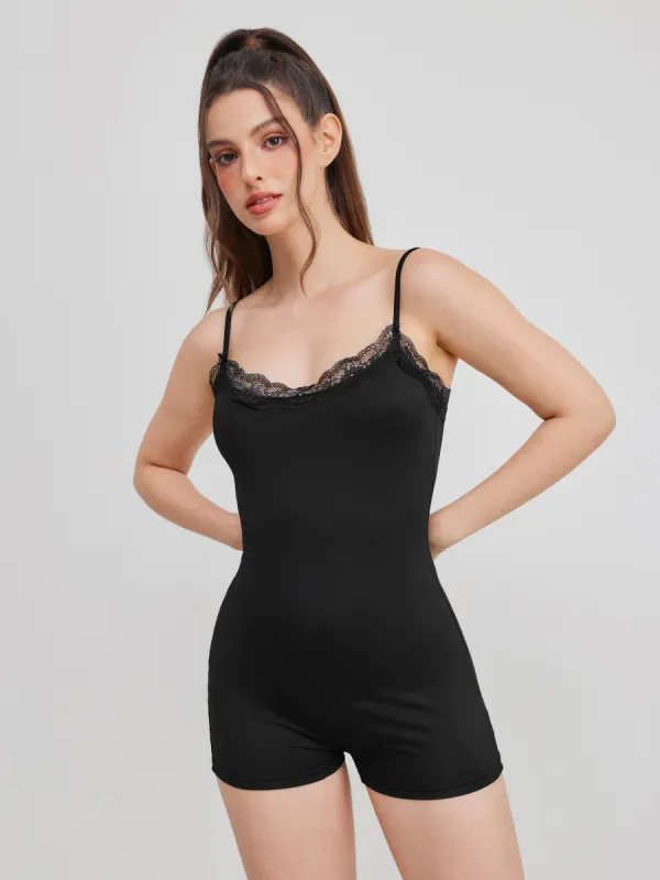 Scoop Neckline Solid Lace Trim Lounge Romper sold by Cider
