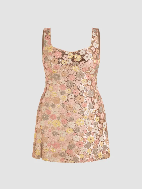 Sequin Scoop Neckline Floral  Split Mini Dress Curve & Plus sold by Cider