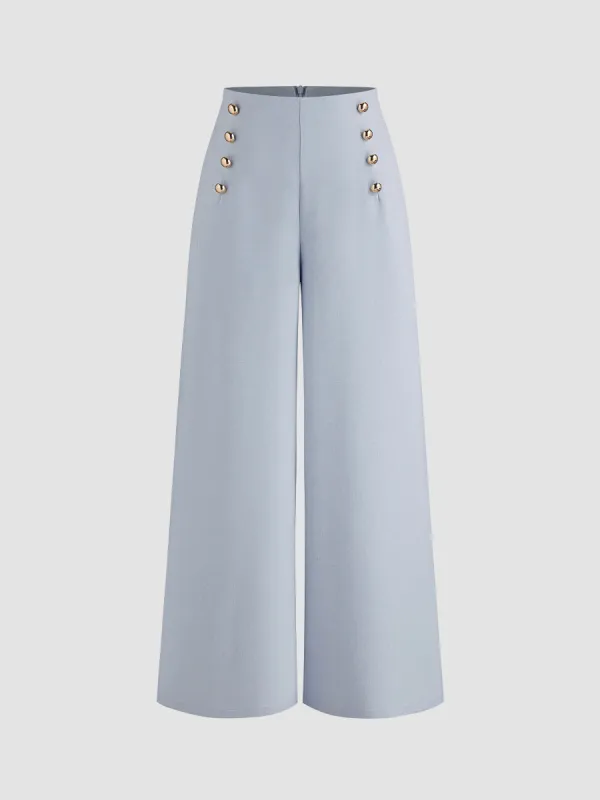 Mid Rise Solid Button Pocket Wide Leg Trousers sold by Cider