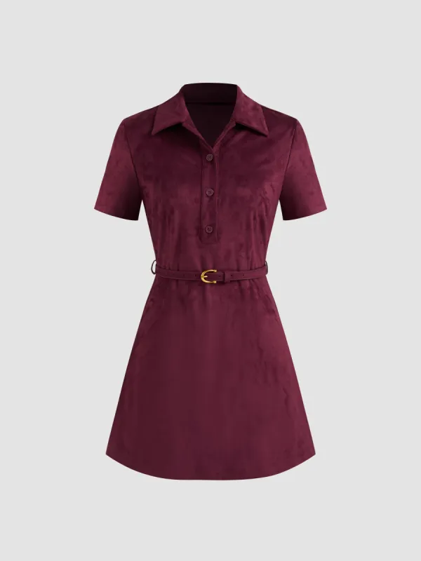 Suede Collar Solid Mini Shirt Dress With Belt sold by Cider