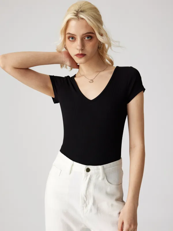 Minimalist V-neck Short Sleeve Bodysuit sold by Cider