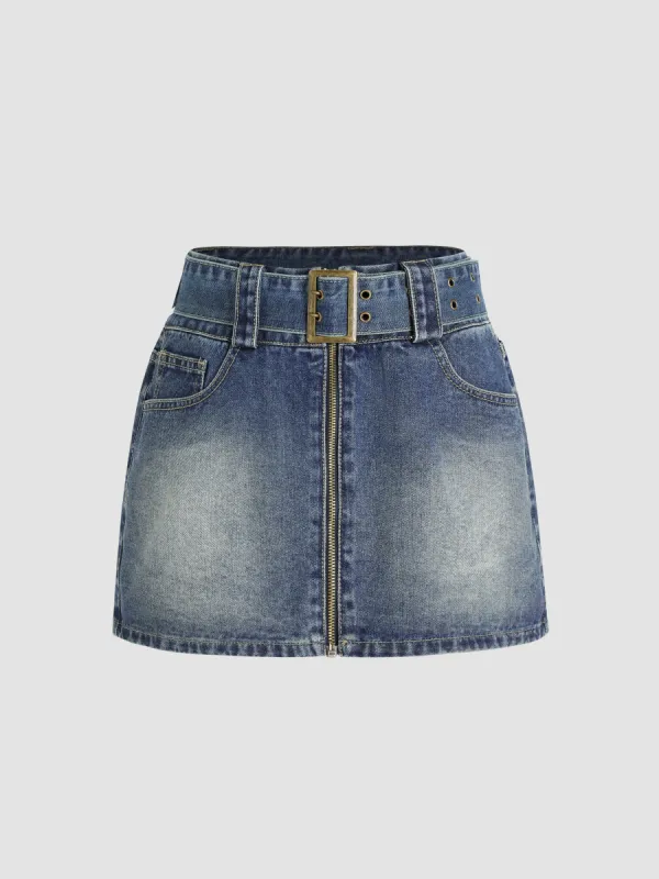 Denim Zip Up Belted Mini Skirt sold by Cider