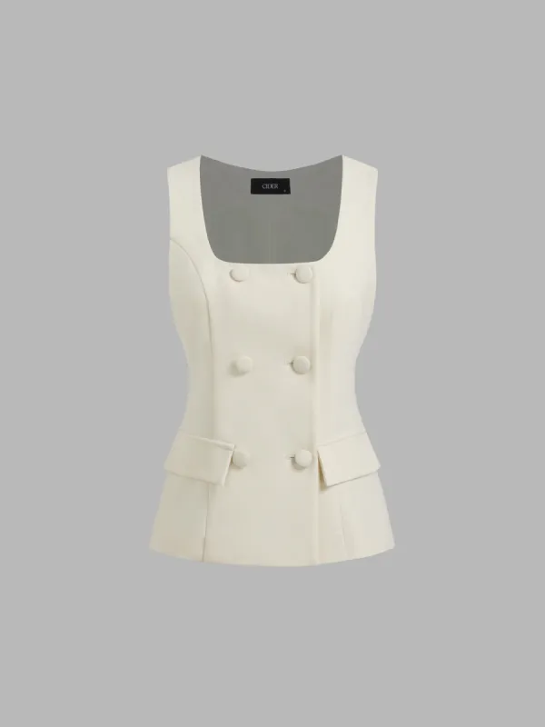 Square Neck Solid Button Blazer Vest sold by Cider