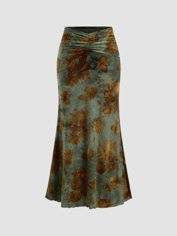 Mid Rise Floral Ruched Maxi Skirt sold by Cider