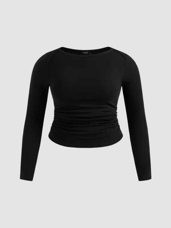 Cotton-blend Boat Neckline Solid Ruched Long Sleeve Crop Tee Curve & Plus sold by Cider