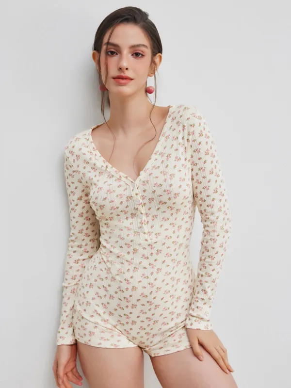 V-neck Floral Button Lounge Romper sold by Cider