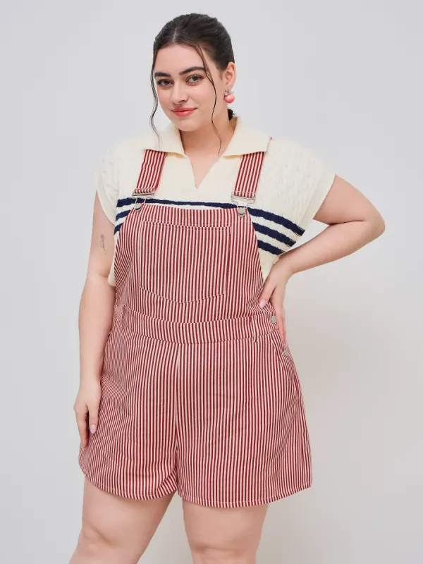 Cotton-blend Square Neck Striped Pocket Romper Curve & Plus sold by Cider