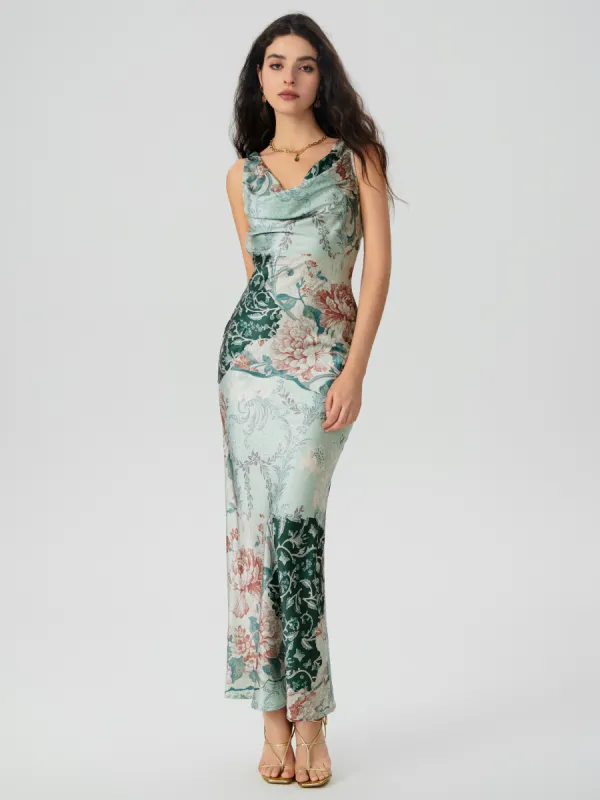 Satin Cowl Neck Floral Maxi Mermaid Dress sold by Cider