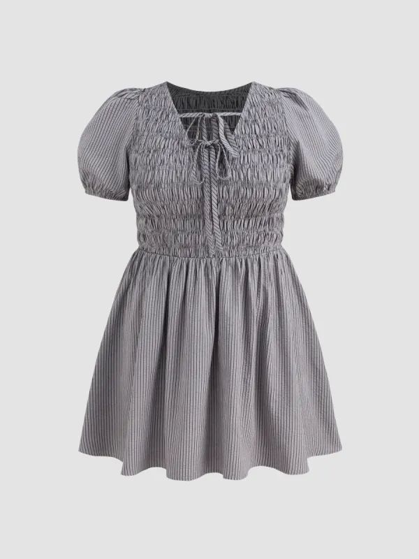 Two Way Cotton-blend V-neck Striped Knotted Shirred Puff Sleeve Mini Dress Curve & Plus sold by Cider