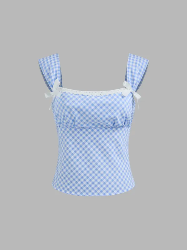 Square Neck Gingham Bowknot Tank Top sold by Cider