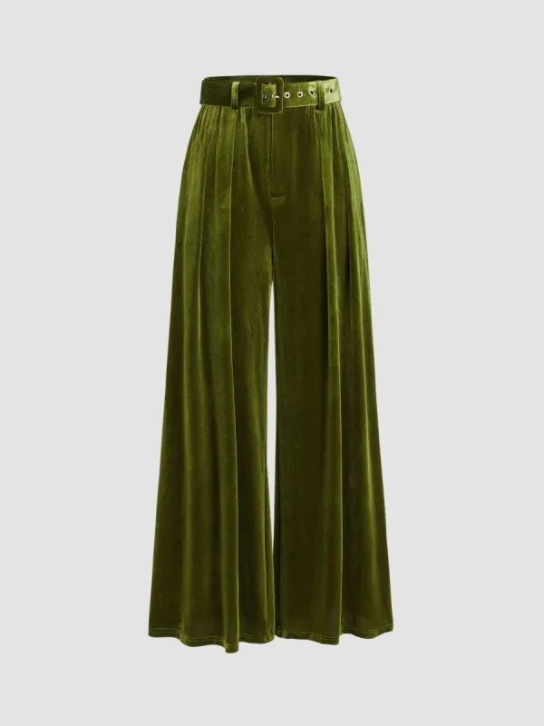 Velvet Mid Waist Pocket Wide Leg Trousers With Belt sold by Cider