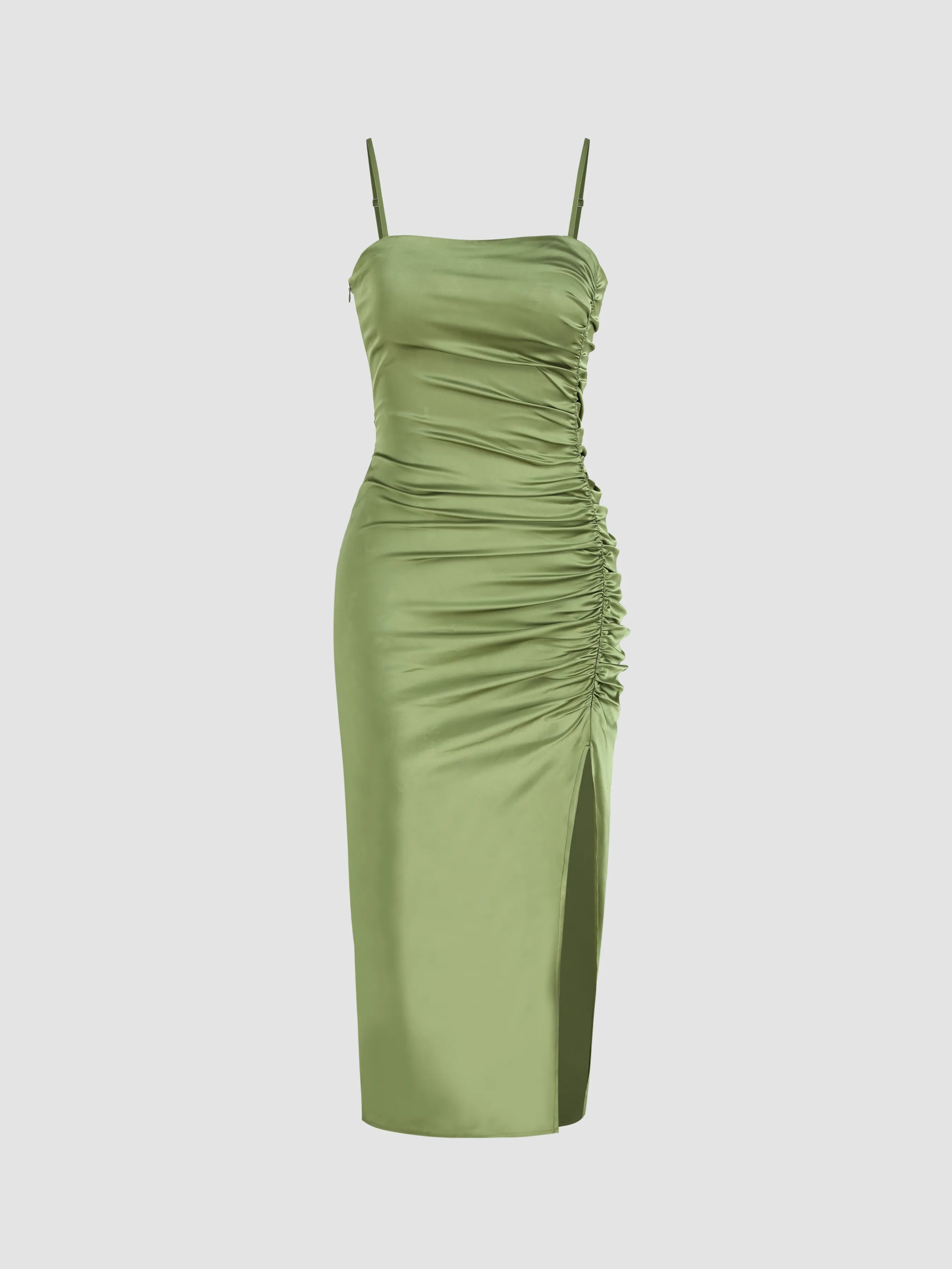 Solid Satin Ruched Split Midi Cami Dress sold by Cider
