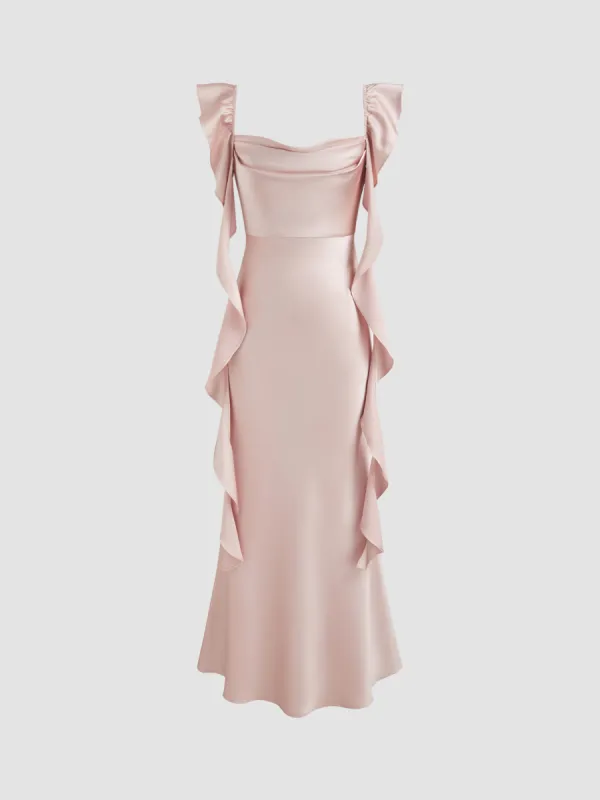 Satin Cowl Neck Solid Ruffle Hem Maxi Dress sold by Cider