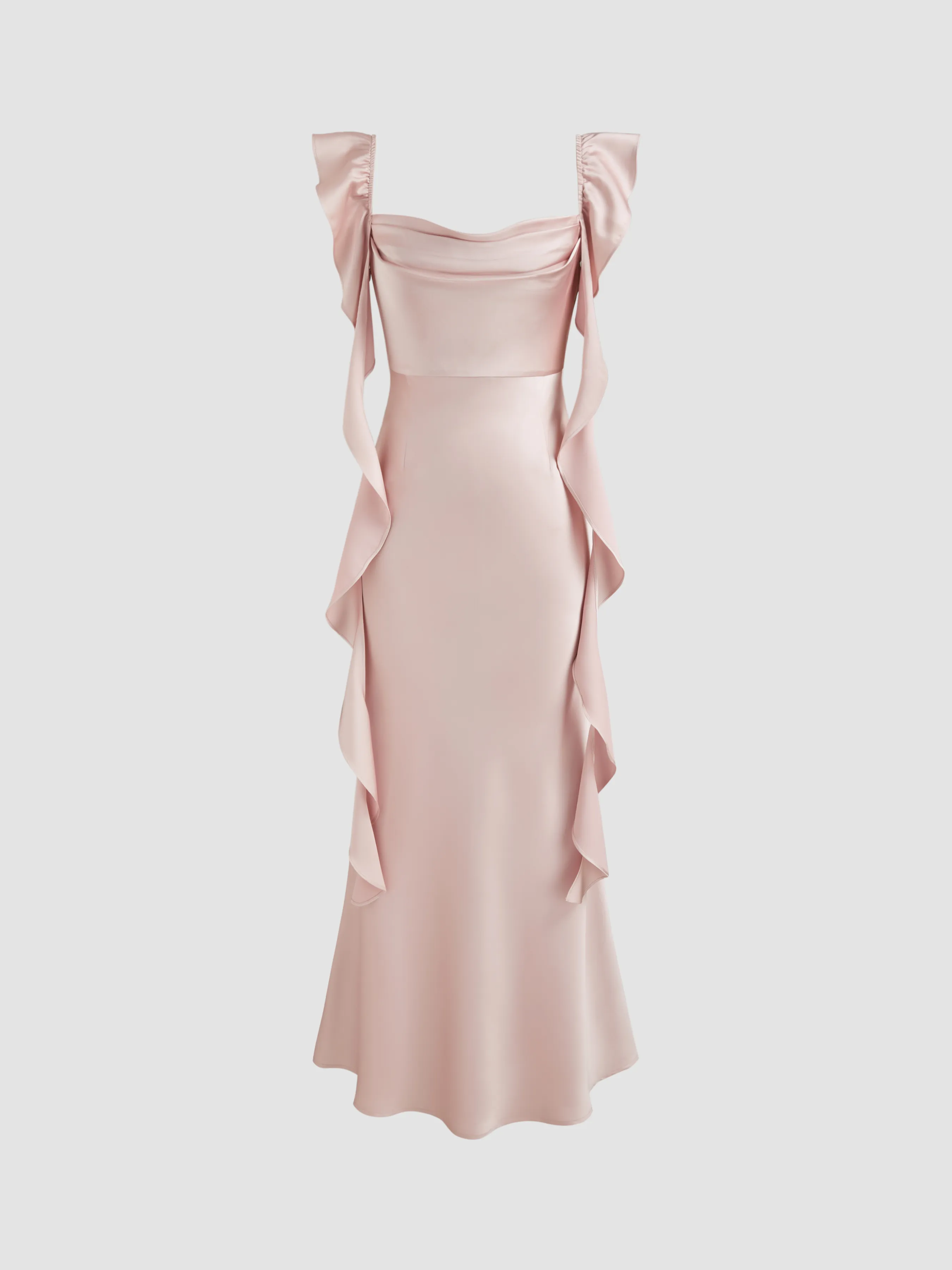 Satin Cowl Neck Solid Ruffle Hem Maxi Dress | Parallel