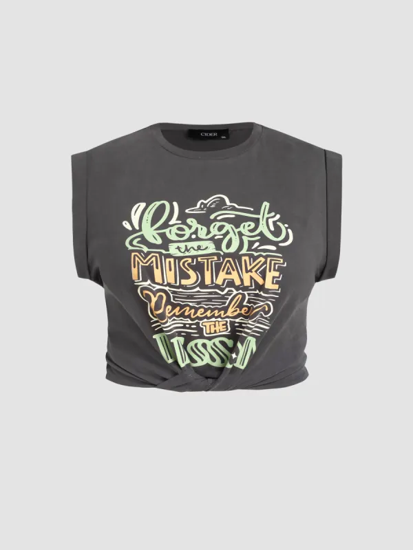 Round Neckline Graphic Knotted Crop Top Curve & Plus sold by Cider