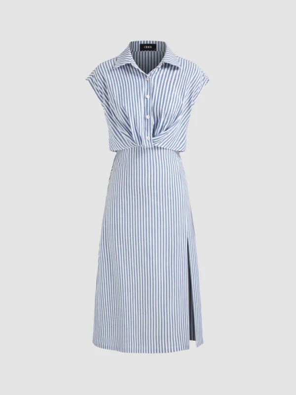 Cotton-blend Collar Striped Split Midi Shirt Dress sold by Cider