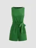Linen-blend Boat Neck Solid Romper With Belt sold by Cider