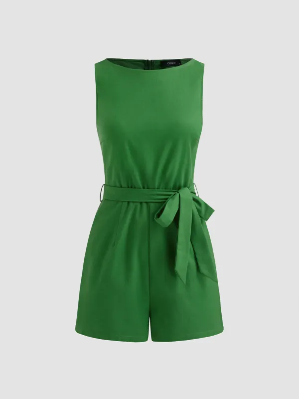 Linen-blend Boat Neck Solid Romper With Belt sold by Cider
