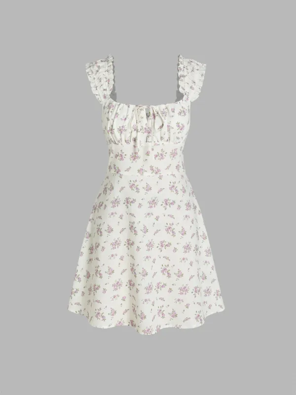 Ditsy Floral Square Neck Drawstring Ruched Mini Dress sold by Cider