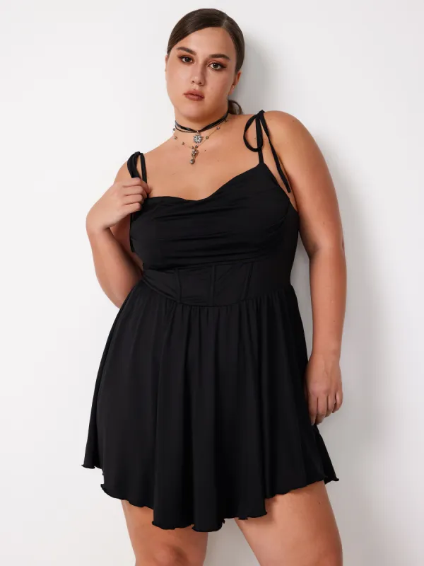 Cowl Neck Corset Knotted Ruffle Mini Dress Curve & Plus sold by Cider