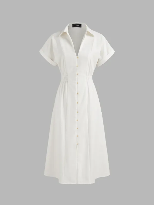 Linen-blend Collar Solid Shirred Button Midi Shirt Dress sold by Cider