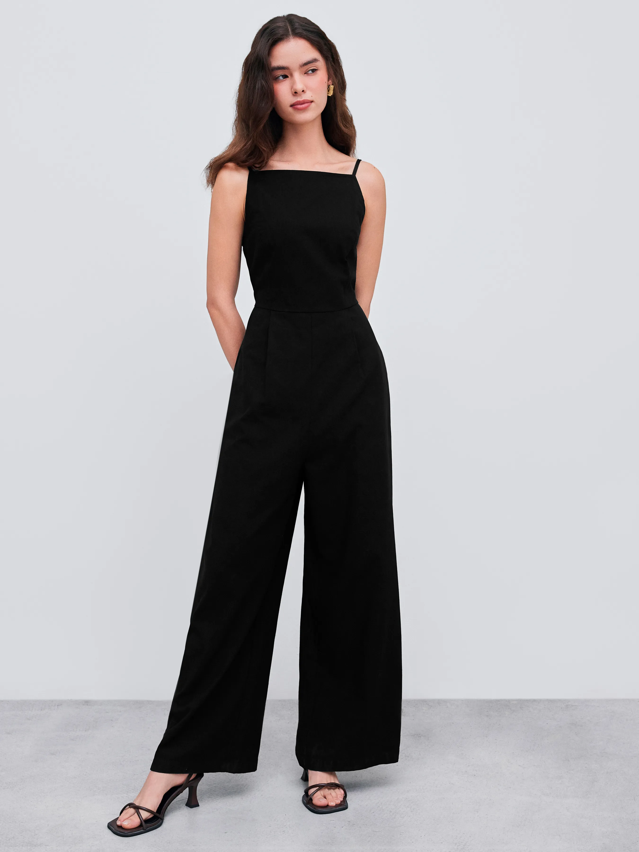 Cotton-blend Square Neck Solid Shirred Jumpsuit sold by Cider
