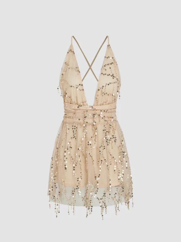 Sequin Tassel V-neck Bowknot Mini Dress sold by Cider