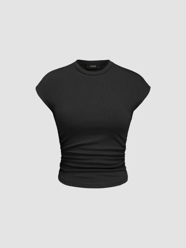 Round Neck Ruched Solid Short Sleeve Top sold by Cider