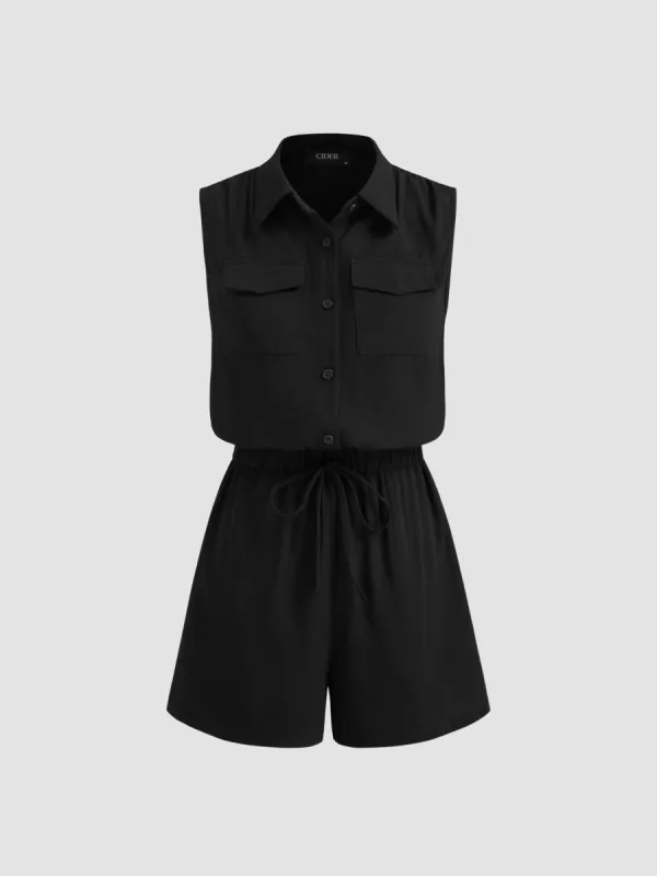 Collar Solid Button Pocket Knotted Romper sold by Cider