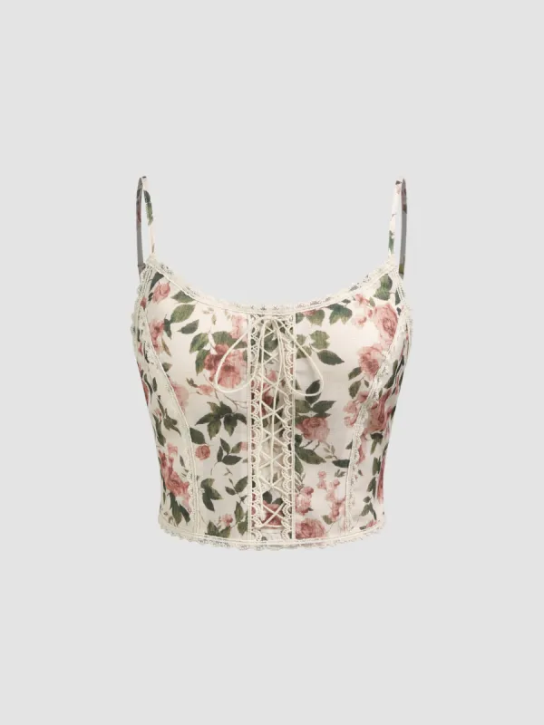Scoop Neckline Floral Lace Up Crop Cami Top sold by Cider