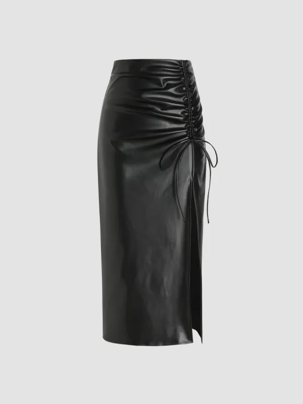 Faux Leather High Waist Drawstring Split Maxi Skirt sold by Cider