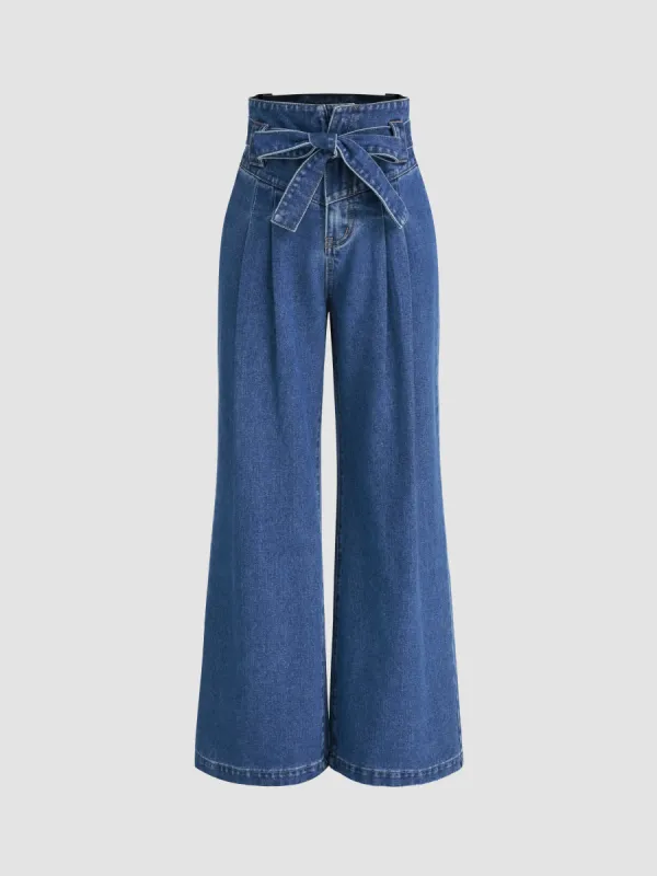 High Waist Solid Bowknot Wide Leg Jeans sold by Cider