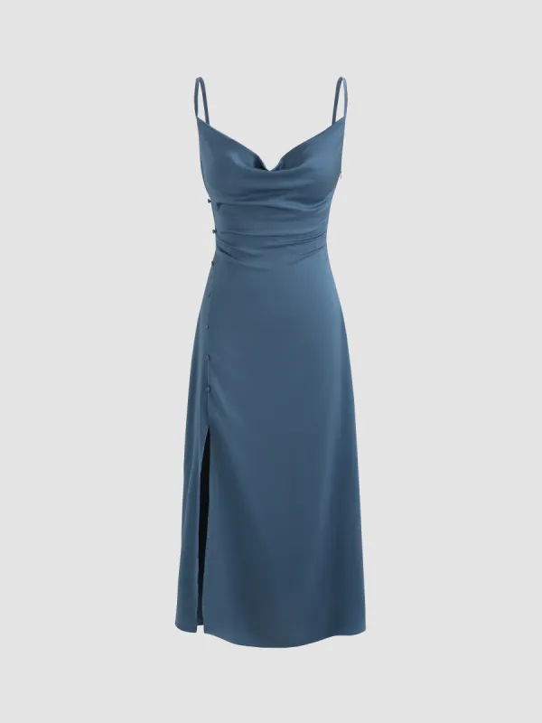 Solid Cowl Neck Slit Midi Dress sold by Cider