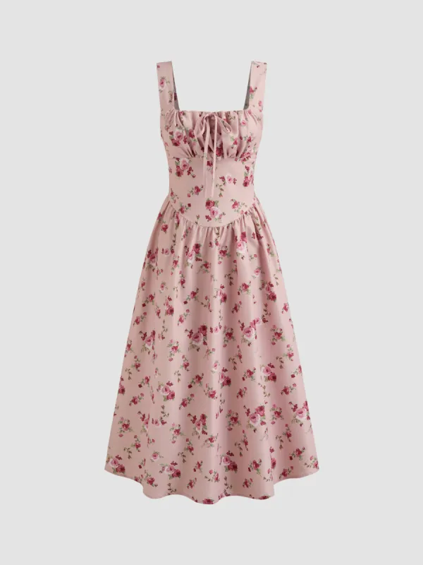 Square Neck Floral Knotted Midi Dress sold by Cider