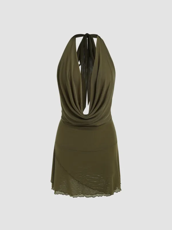 Mesh Halter Knotted Cowl Neck Mini Dress sold by Cider