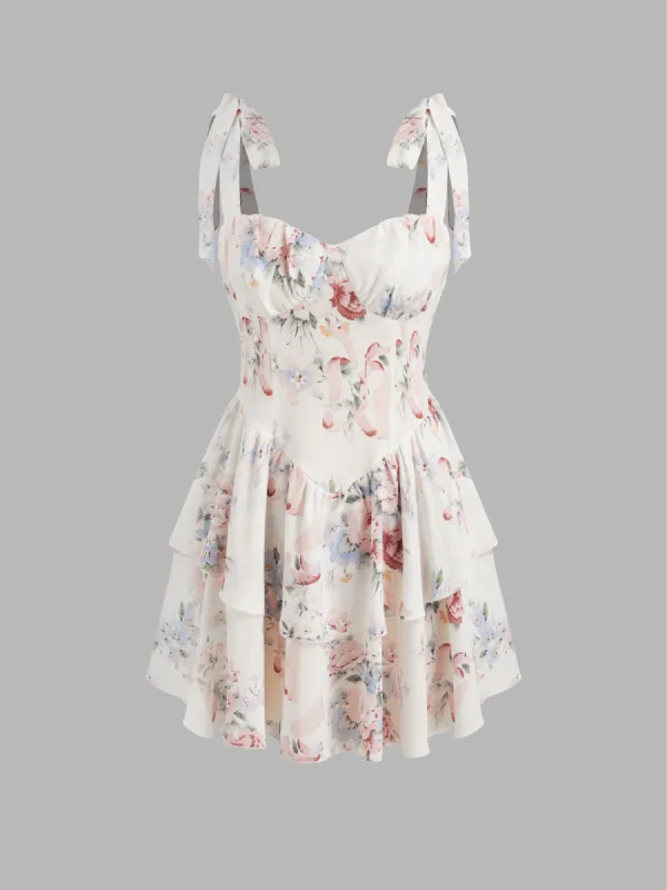 Floral Tiered Knotted Mini Dress sold by Cider