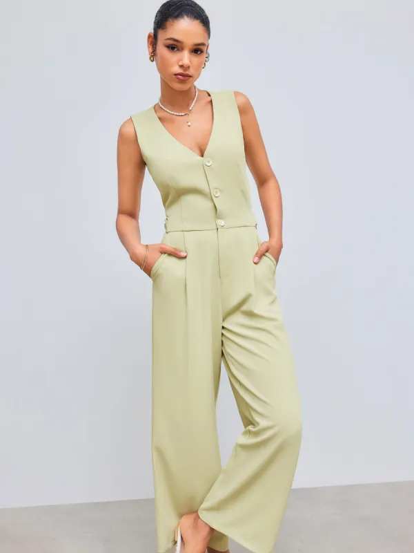 Woven V-neck Solid Pocket Cut Out Vest Jumpsuit sold by Cider