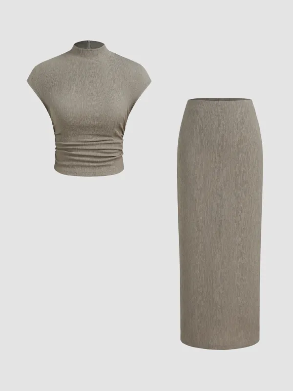 High Neck Solid Texture Ruched Tank Top & Mid Rise Solid Texture Split Maxi Skirt sold by Cider