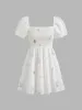 Square Neck Shirred Floral Puff Sleeve Mini Dress sold by Cider