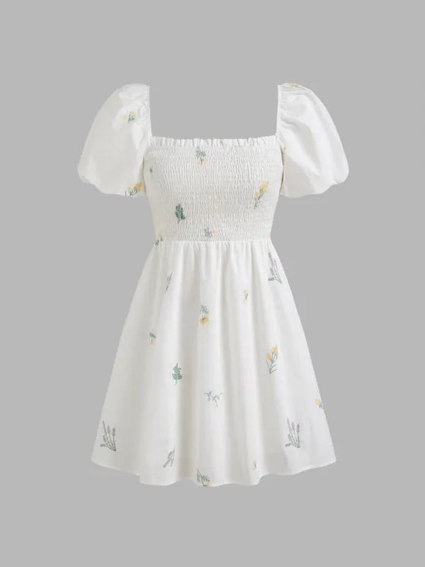Square Neck Shirred Floral Puff Sleeve Mini Dress sold by Cider