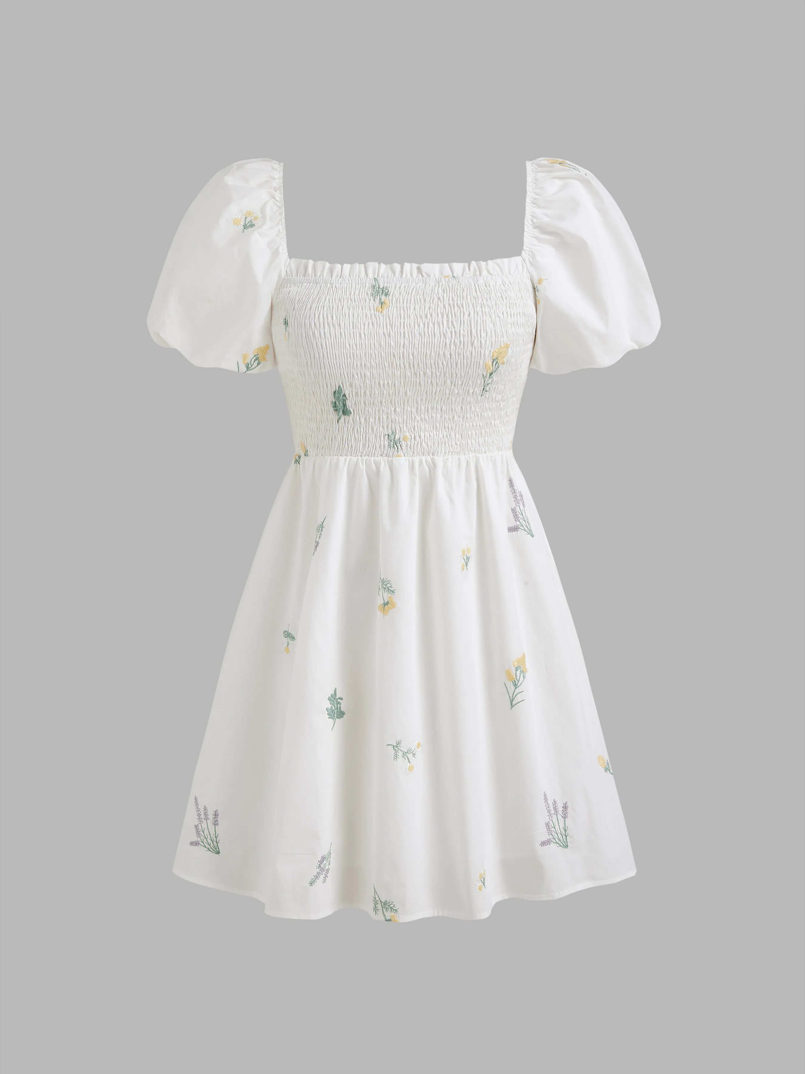 Square Neck Shirred Floral Puff Sleeve Mini Dress sold by Cider