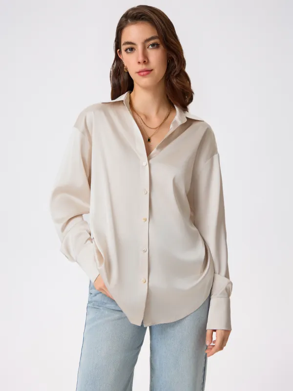 Satin Collar Solid Button Long Sleeve Blouse sold by Cider